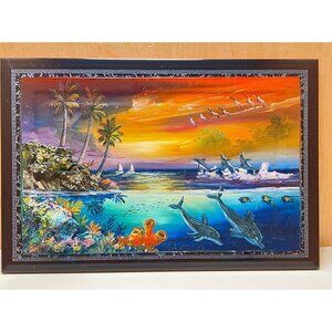 Hand-Painted Mexican Ocean Sunset Scene Wall Art On Tile By Margarita Gonzalez